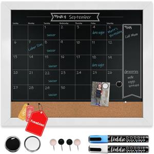 Loddie Doddie 18" x 24" White Framed Chalkboard - Wall Calendar & Cork Bulletin Board w/Chalk Markers, Push-Pins, Magnets, Large Calendar for Home or Office - Chalkboard Calender
