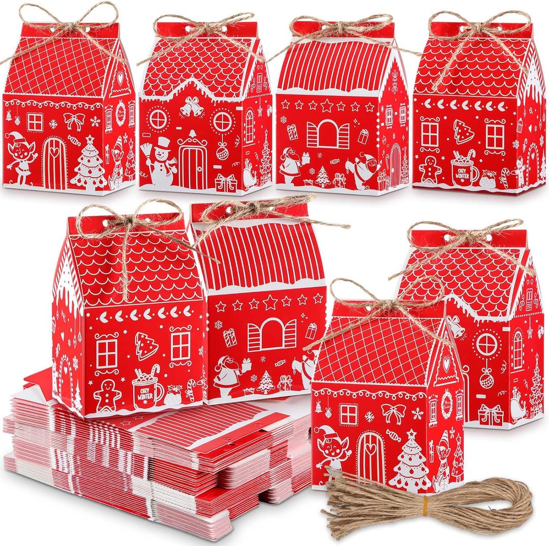 Zhanmai 48 Pcs Christmas Treat Boxes Candy Red Village Vintage Mini Gingerbread House Favor Box Christmas Party Paperboard Gift Boxes for Xmas Holiday Party Treat Cookie Goodie Snack Gift Packaging