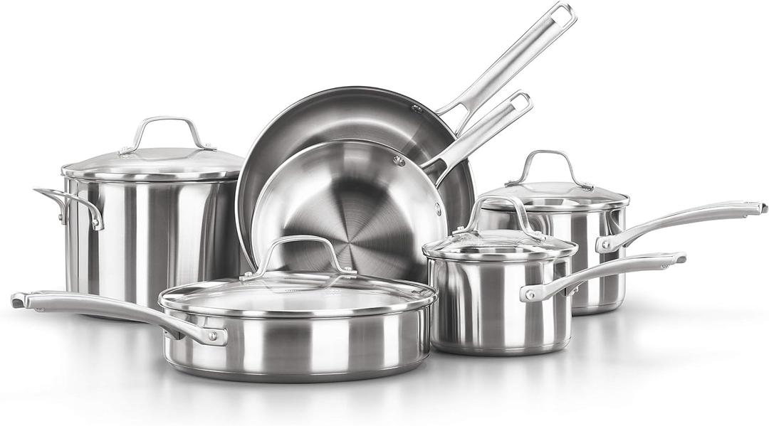 Calphalon Classic Stainless Steel Cookware Set, 10-Piece, Impact-Bonded Aluminum Base, Stay-Cool Handles, Oven Safe 450F, Silver