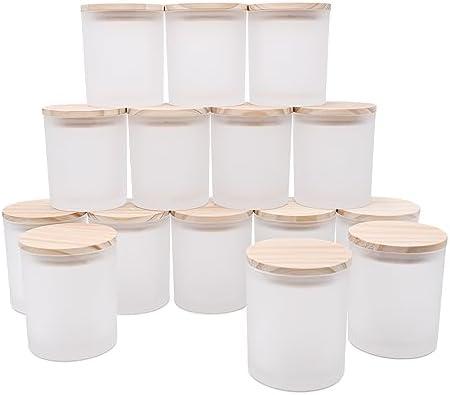 SHOWIN 10 OZ Thick Candle Jars for Making Candles 15 Pcs, Empty Jars with Wood Lids for Candle Making, Sample Container, Frosted White