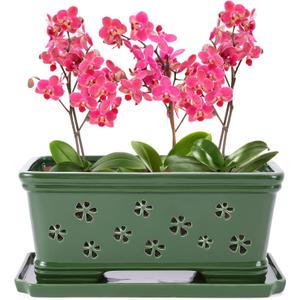 12Inch Green Ceramic Orchid Pot with Holes for Repotting and Ventilation - Indoor or Outdoor