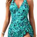 Tempt Me Women One Piece Swimdress Swimsuits - Tummy Control Skirted Swim Dress Bathing Suit with Skirt V Neck Tie Knot (Blue Paisley) Medium