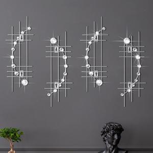 Lingvee 4 Pcs Metal Rhinestones Sunburst Wall Decor 3D Silver Jeweled Art Bling Crystal Home Decorative Metal Wall Art for Living Room for Living Room