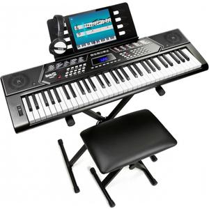 RockJam RJ5061 61 Key Keyboard Piano Kit with Stand, Bench & Headphones | Beginner electric keyboard piano set with pitch bend, LED panel, Simply Piano lessons and note stickers, all included