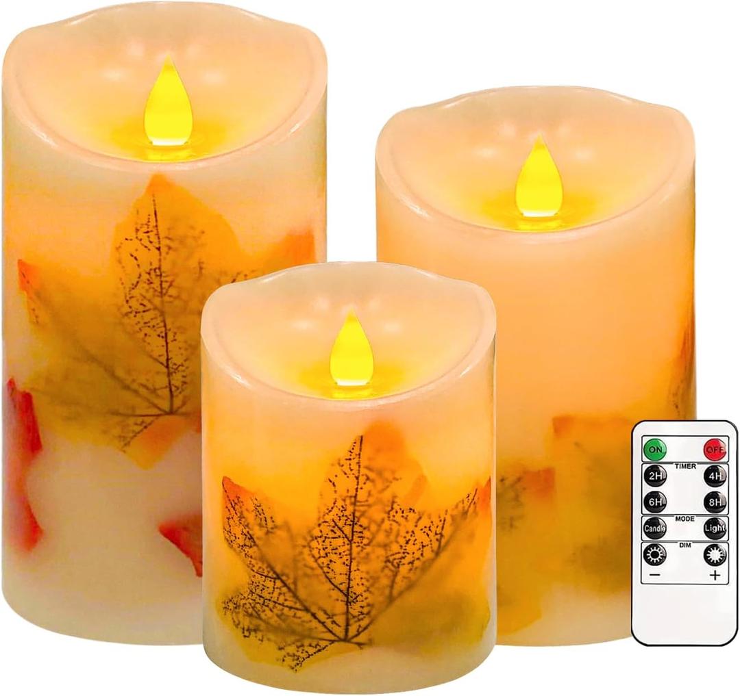 Flameless Candles Lights,Set of 3 Maple Leaf Flickering LED Candles with Remote & Timer, Dimmable LED Pillar Candles Battery Operated, Electric Candles for Thanksgiving Halloween Fall Harvest Decor (Warm)