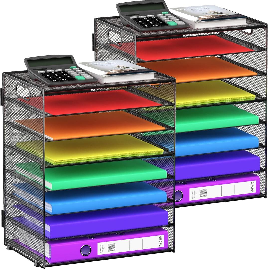 8 Tier Paper Letter Tray Organizer with Handles, Mesh Desk File Holder Storage Organization for Home School Classroom & Office (Black-2Pack)