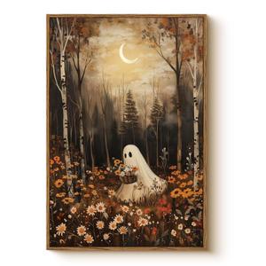 Vintage Cute Ghost Holding Flowers 16x24 Halloween Wall Art, Autumn Birch Forest Crescent Moon Framed Canvas Print, Cozy Orange Flowers Artwork Rustic Fall Spooky Bedroom Home Decor
