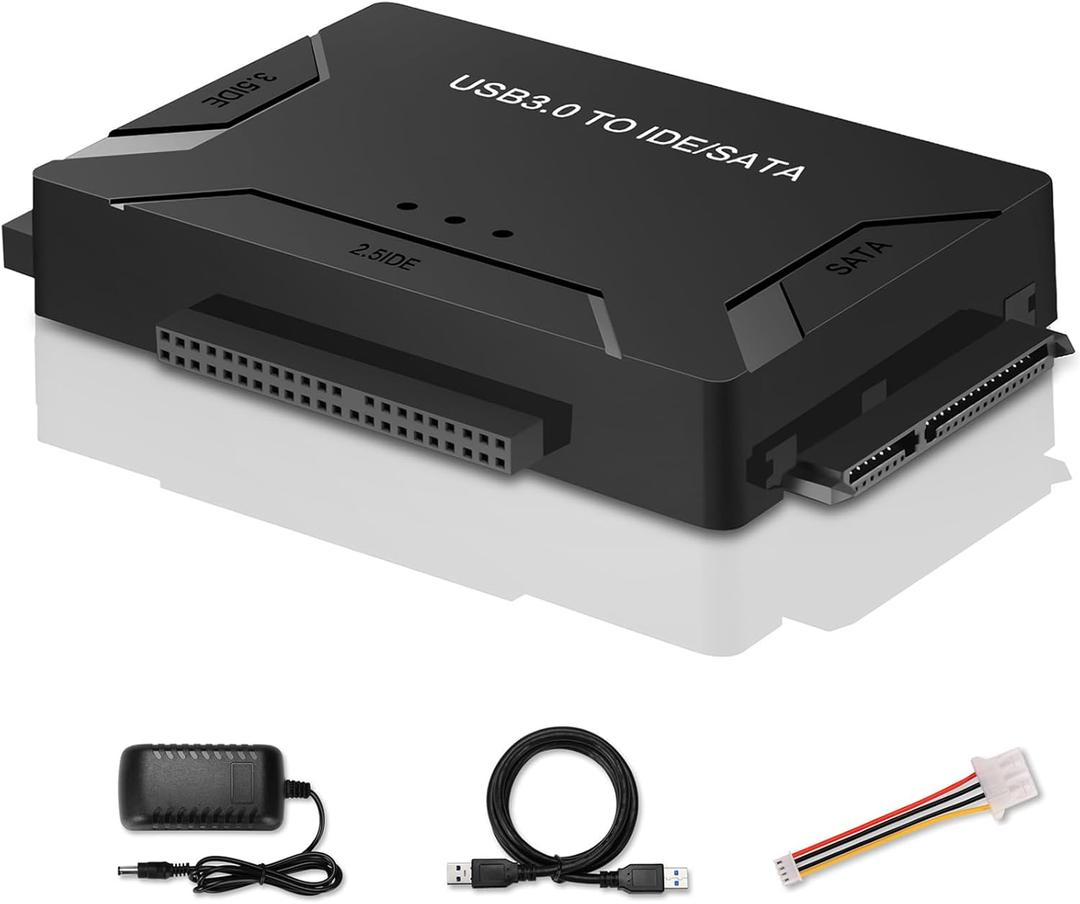 USB 3.0 to SATA IDE Adapter, Hard Drive Reader External Ultra Recovery Converter Compatible with 2.5" 3.5" HDD, SSD,5.25-inch DVD/CD-ROM Optical Drive Data Transfer with Power Supply (SATA/IDE to USB Adapter, Black)