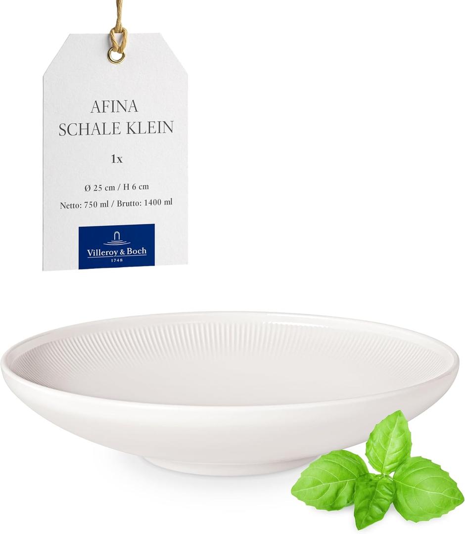 Villeroy & Boch Afina Medium Sized Bowl for Salads and Pasta, Premium Porcelain, Made in Germany, Dishwasher and Microwave Safe, 9.75 x 2.25 in, Stackable, White