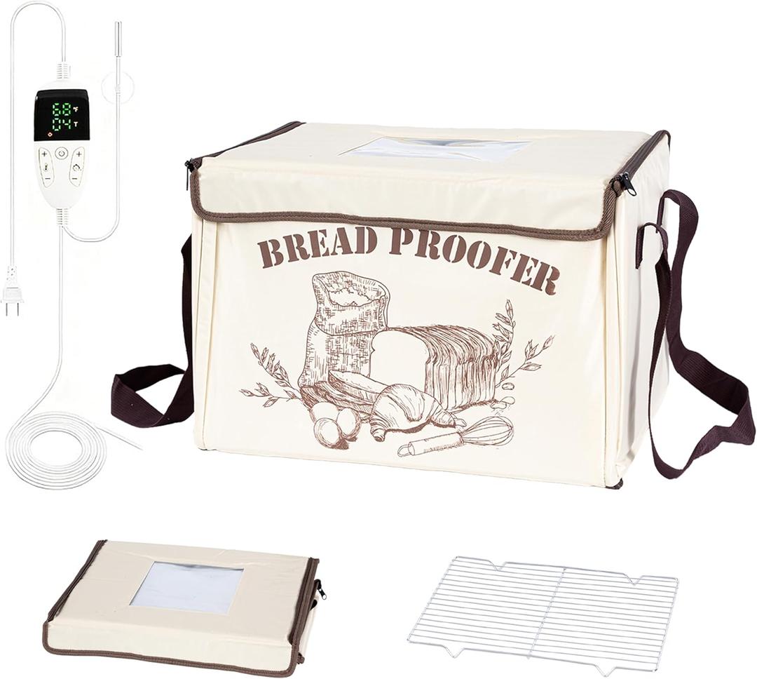 Folding Bread Proofing Box with 50-113 Temp Control & 48H Timer, Dough Proofer with Metal Rack, Proofing Box for Bread, Pizza and Yoghurt Making 5-Layer Fabric