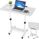 Tiltable Standing Desk Adjustable Height, Portable Foldable Desk with Wheels, Small Rolling Laptop Table, Mobile Sit Stand Computer Desk for Walking Pad, Bike Trainer, White