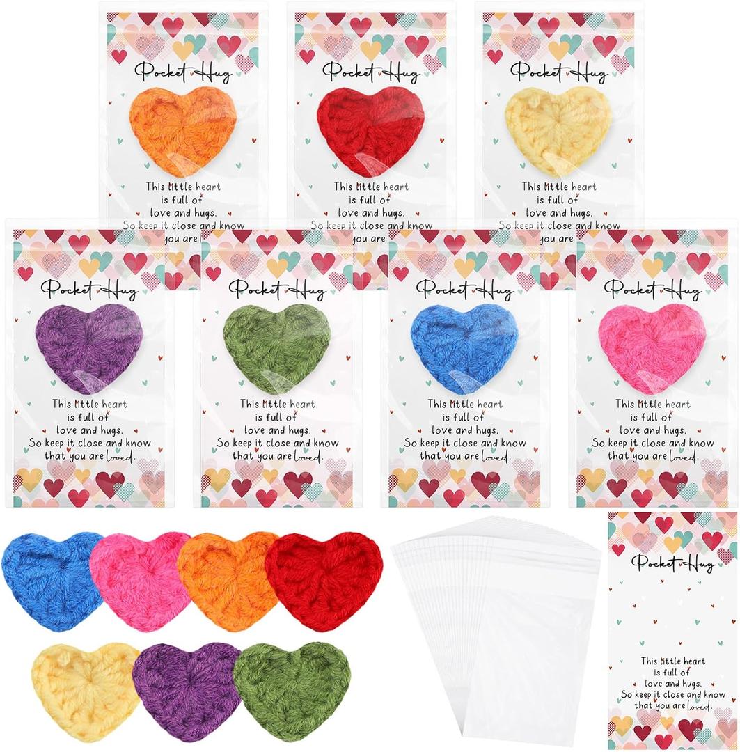 Mindsoft 35 Sets Emotional Cheer Support Gift Bulk Cute Hand Crocheted Pocket Hug Heart Inspirational Cards and Bags Party Favor for Preschool Toddler Boy Girls
