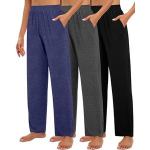 Huukeay 3 Pack Women's Lounge Pants, Cozy Wide Leg Lounge Slacks with Pockets Loose Flowy Yoga Sweat pants Workout Comfy Jogger, L