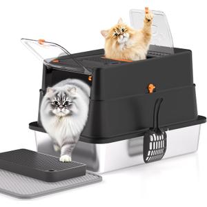 Stainless Steel Cat Litter Box, XL Enclosed Cat Litter Box with Lid, Easy to Clean High-Sided Metal Kitty with Top Entry, Scoop, Mat, Brush & Foot Pedal-Black