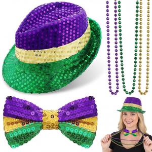 Geyoga 5 Pcs Mardi Gras Costume Accessories Set Mardi Gras Purple Green Gold Beads Necklaces Sequin Bow Tie Sequin Fedora Hat for Women Men Carnival Costume Masquerade Parade Party Decoration Supplies