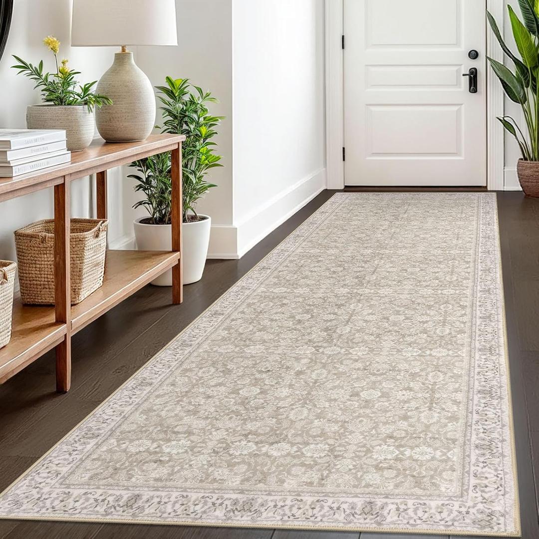 3x8 Washable Runner Rug for Kitchen, Cream Beige Yellow White Grey Soft Classic Runner with Non-Slip, Non-Shedding Distressed Floral Rug for Hallways Entryway Bedroom Laundry Indoor