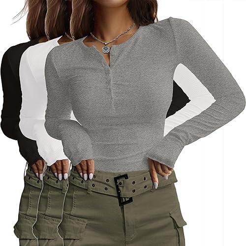 Ekouaer Women's Long Sleeve Shirts 3 Packs Henley Button Down Tops Ribbed Slim Fit Base Layer Soft Thermal Tee, XL