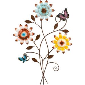DETENE Metal Sunflower Wall Decor with Butterfly 3D Colorful Outdoor Wall Art Fence Decorations for Patio Metal Flowers Wall Hanging Ornament for Garden Porch Living Room Balcony Farmhouse