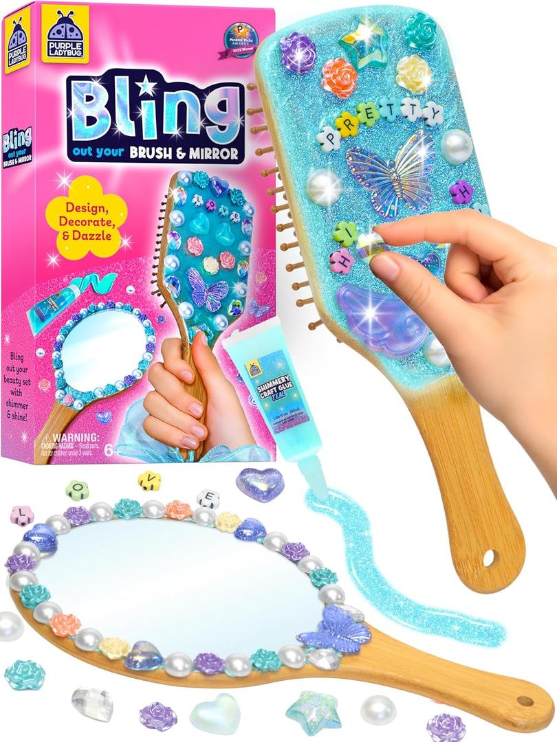 Decorate Your Own Wooden Mirror & Brush Set - Gifts for 6 7 8 9 10-12 Year Old Girl, Birthday Gift for Girls, DIY Arts and Craft Kit for Girls Ages 6-12, Tweens Gift Mothers Day Craft for Kids