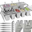 8 Pans Spice Rack Shelf 2 Row Stainless Steel Bar Garnish Serving | Salad Bar with Lids Spoons Countertop Inclined Holder Buffet Containers Set for Sauce Jam Fruits Ingredient Kitchen