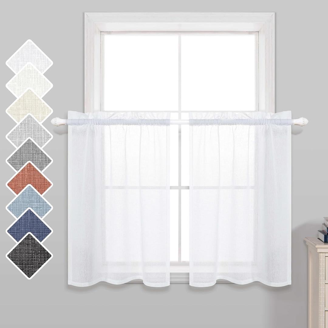 KOUFALL Short Sheer Curtains 36 Inch Length for Kitchen Rod Pocket 2 Panels Linen Look Textured Cafe Curtain Semi Sheer Tier Curtains for Small Window Bathroom Farmhouse 30x36 inches Long White