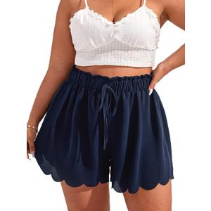 MakeMeChic Women's Plus Size Elastic Waist Scallop Trim Flowy Wide Leg Shorts (4X-Large Plus, Navy Blue)