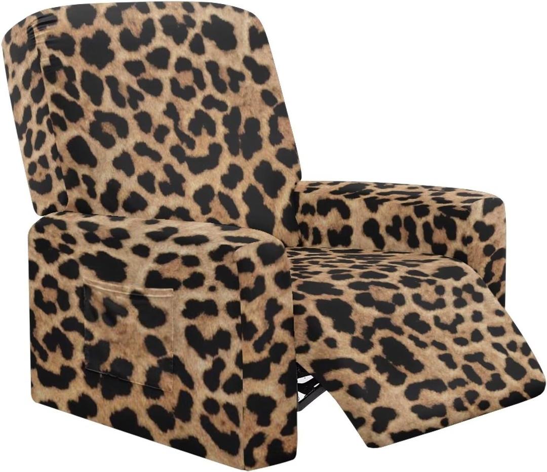 Leopard Print Stretch Recliner Chair Slipcovers Recliner Covers Cheetah Print Chair Covers 4 Piece Lazy Armchair Slipcover Non Slip Elastic Reclining Furniture Protector Sofa Couch