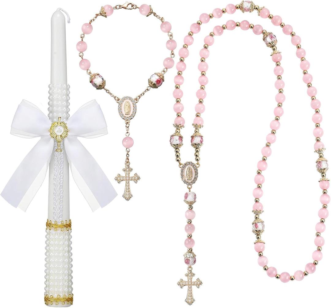 WILLBOND 3 Pcs First Communion Rosary and Candle Set Confirmation Candle Gifts Set Baptism Catholic Bracelets Cross Necklace Holy Communion Accessories for Christening Gift Keepsake(Pink Rosary)