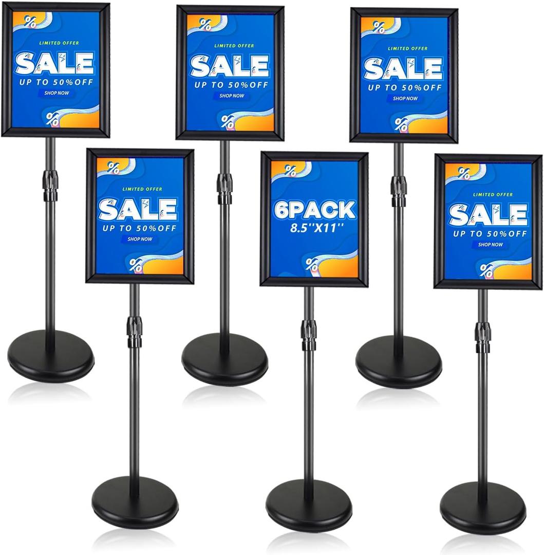6 Pack Sign Holder Stand - 8.5 11 inch Standing Display Sign Stand, Adjustable Poster Sign Holder Heavy Duty Pedestal Floor Sign Stand, Snap Open Frame for Vertical & Horizontal View, Black