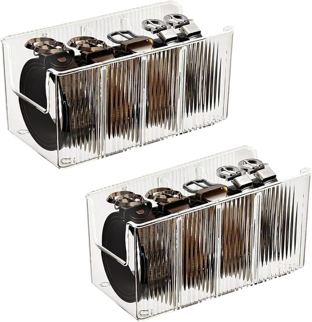 Acrylic Belt Organizer, 2 Pack with 5 Adjustable Dividers, Clear Stackable Belt and Tie Storage Organizer for Closet and Drawer, Multi-Purpose Display Bins for Belts,Ties, Socks, Underwear