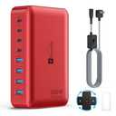 8-Port USB Charger Block 200W with Flat Plug, Braided Power Cord, and On/Off Switch- USB Charging Hub for iPhone, iPad, MacBook and More- 65W C Port Power Adapter for Laptops