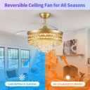 Retractable Fandelier Ceiling Fans with Light and Remote/App, 42" Crystal RGB Chandelier Fan, Bladeless Lighting & Ceiling Fans Bedroom, Kitchen, Ventilador de Techo Con Luz, Gold