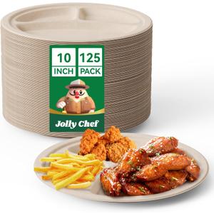 JOLLY CHEF Compostable  Compartment Paper Plates   [ ] Heavy Duty Divided Disposable Eco-Friendly Bagasse Biodegradable Round Trays for Party Dinner Lunch Christmas (Brown) (10in-125pack)