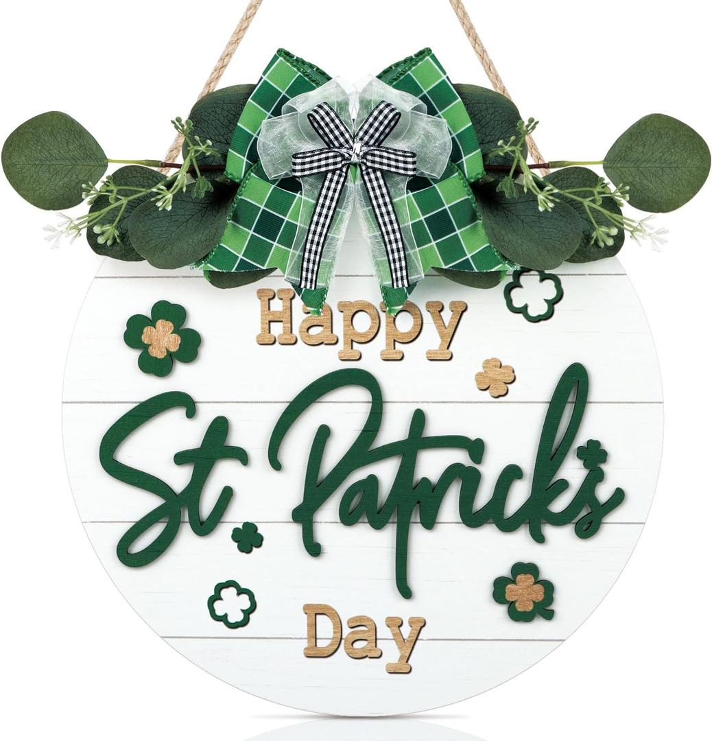 TOARTi Happy St. Patrick's Day Wooden Door Wreath (11.4"x11.4"), Rustic Saint Patricks Welcome Wall Sign Hanging, Scandinavian Irish Home Decoration for Saint Patricks Day Gift