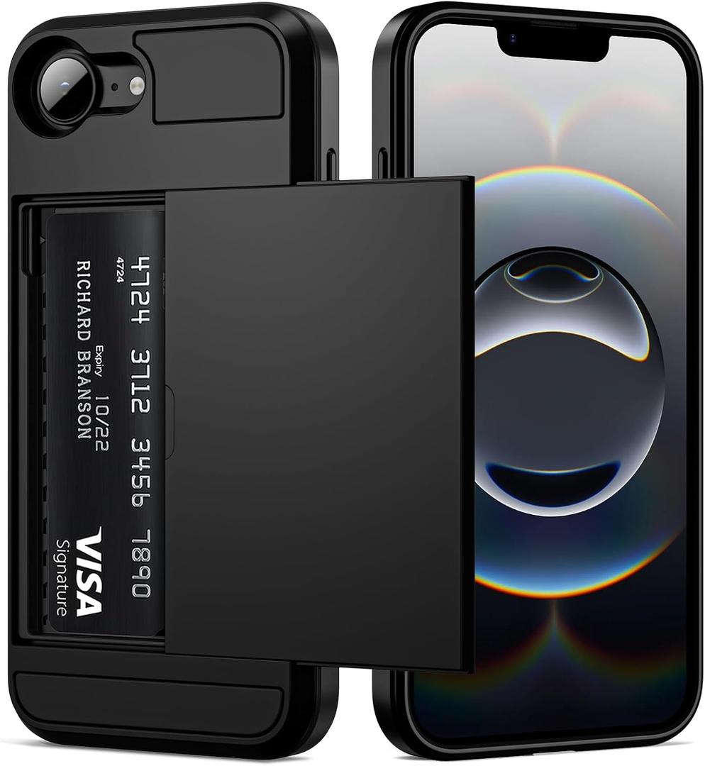 Vofolen for iPhone 17e case/iPhone 16e Case with Card Holder Dual Layer Heavy Duty Drop Protection Hidden Sliding Card Slot Slim Wallet Phone Case for iPhone 17e/16e for Women Men, 6.1 Inch Black