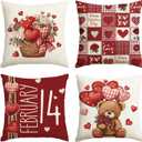 AVOIN colorlife Valentine's Day Heart Rose Basket Throw Pillow Covers, 18 x 18 Inch Balloon Bear Red Anniversary Wedding Cushion Case Decoration for Sofa Couch Set of 4