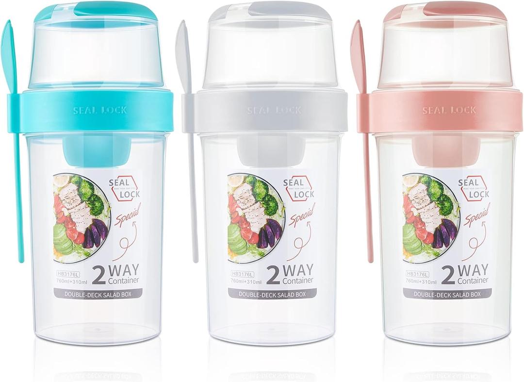 Mumufy 3 Pcs Salad Shaker Cup with Lids and Fork Fresh Salad Shaker Container for Lunch, Portable Breakfast Meal Vegetable and Fruits (White,Pink,Green)