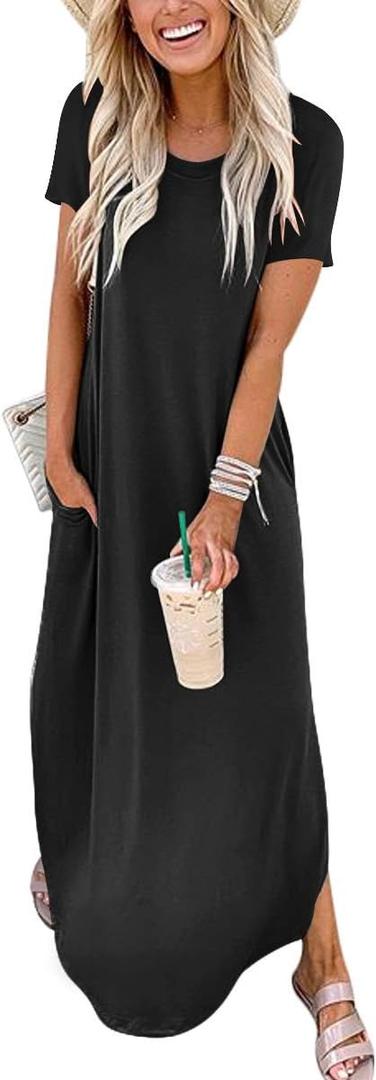 ANRABESS Women's Summer Casual Loose Short Sleeve Long T Shirt Dress Split Maxi Beach Sundress Travel Vacation Outfits (Medium, Black)