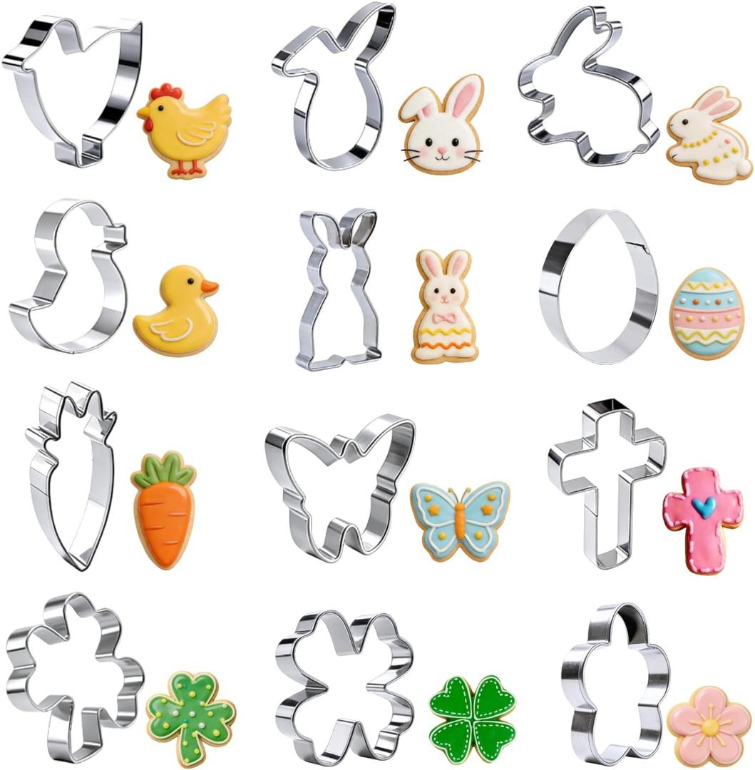 Crethinkaty Mini Easter Cookie Cutter Set,12 Pcs Shamrock Cookie Cutters Stainless Steel Clover Bunny Shape