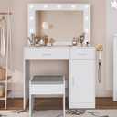 Makeup Vanity with Stool, Large Drawer and Power Socket with 11 Light Bulbs and 3 Adjustable Lighting Modes, Vanity Table for Bedroom (White)