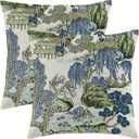Chinoiserie Pillow Covers 22x22 Inch Set of 2, Asian Scenic Blue and Kelly Green Throw Pillows Farmhouse Chinoiserie Outdoor Decorative Pillowcase Linen Cushion Cover for Home Sofa Bedroom