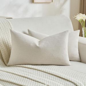 FUTEI Pack of 2 Solid Chenille Throw Pillow Covers 12x20 Inch Soft Cozy Wheat Ear Striped Textured Decorative Lumbar Pillowcases Modern Farmhouse Accent for Couch Bed Living Room, Beige