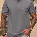 Mens Henley Shirts Casual Waffle Stretch Summer T-Shirt with Pocket (S-XXL) (Gray, S)