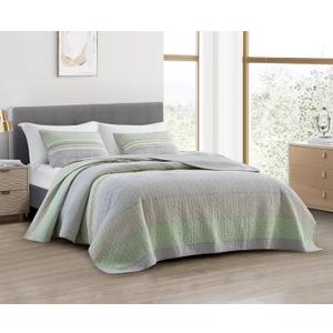 Chezmoi Collection Rene 3-Piece Boho Chic Patchwork Stripe Quilt Set - Green Gray White Plaid Candy Stripe Reversible Bedspread - Pre-Washed Cotton Lightweight Coverlet, King Size