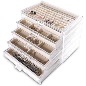 Frebeauty Extra Large Acrylic Jewelry Box for Women Girls 5 Layers Clear Velvet Earring Organizer with 5 Drawers Rings Display Case Necklaces Holder Tray (Beige)