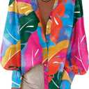 BTFBM Women Fashion Button Down Shirts V Neck Printed Solid Boho Long Sleeve Blouses Dressy Casual Summer Fall Tops (X-Large, Multicolored)