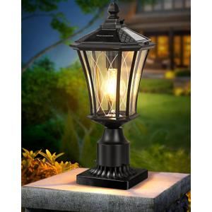 YSN 16" Solar Post Lights Outdoor, Dusk to Dawn Outdoor Post Lights with Pier Mount Base, Black Solar Lamp Posts Light Fixture, Waterproof Light Posts for Outside Yard Garden Patio, 1 Pack