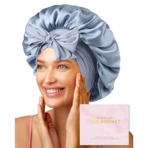 AWAYTR 100% Mulberry Silk Hair Bonnet for Women Sleeping with Tie Band 19 Momme Silk Sleep Cap Night (US, Alpha, One Size, Haze Blue)