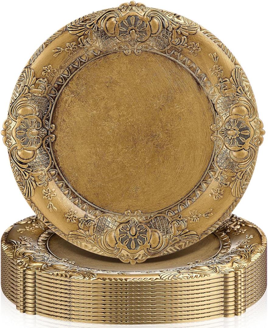 Mifoci Antique Gold Charger Plates Set of 12 Plastic Gold Chargers for Dinner Plates Decorative 13" Round Plate Bulk with Embossed Rim for Dinner, Party, Wedding(Classic)