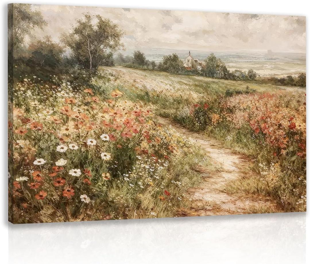 LLEEMPI Framed Vintage Wildflower Wall Art, Country Botanical Wall Decor, Floral Meadow Nature Canvas Painting, Rustic Farmhouse Poster Print for Living Room Bedroom Bathroom Office 16x24 Inch